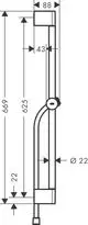 Technische Zeichnung einer Brausestange mit Maßen, inklusive Halterung und Schlauchaufhängung, aus dem Sortiment von Hansgrohe.